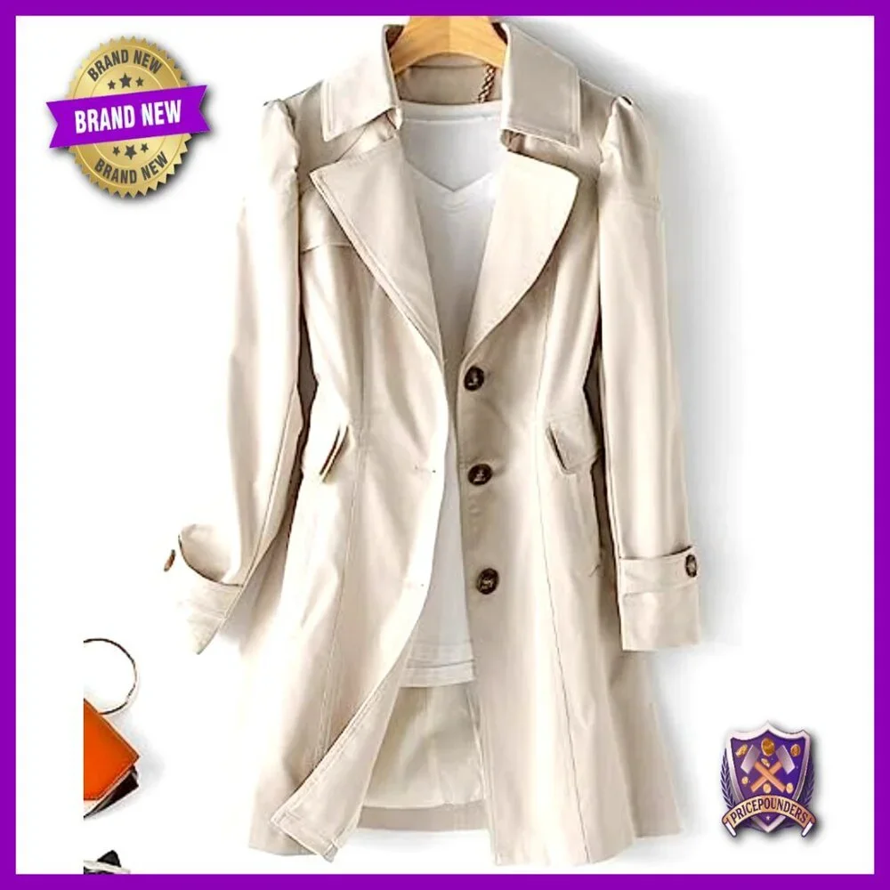 Classic Trench Coat Single Breasted Mid-Length Puff Sleeve Elegant Outerwear